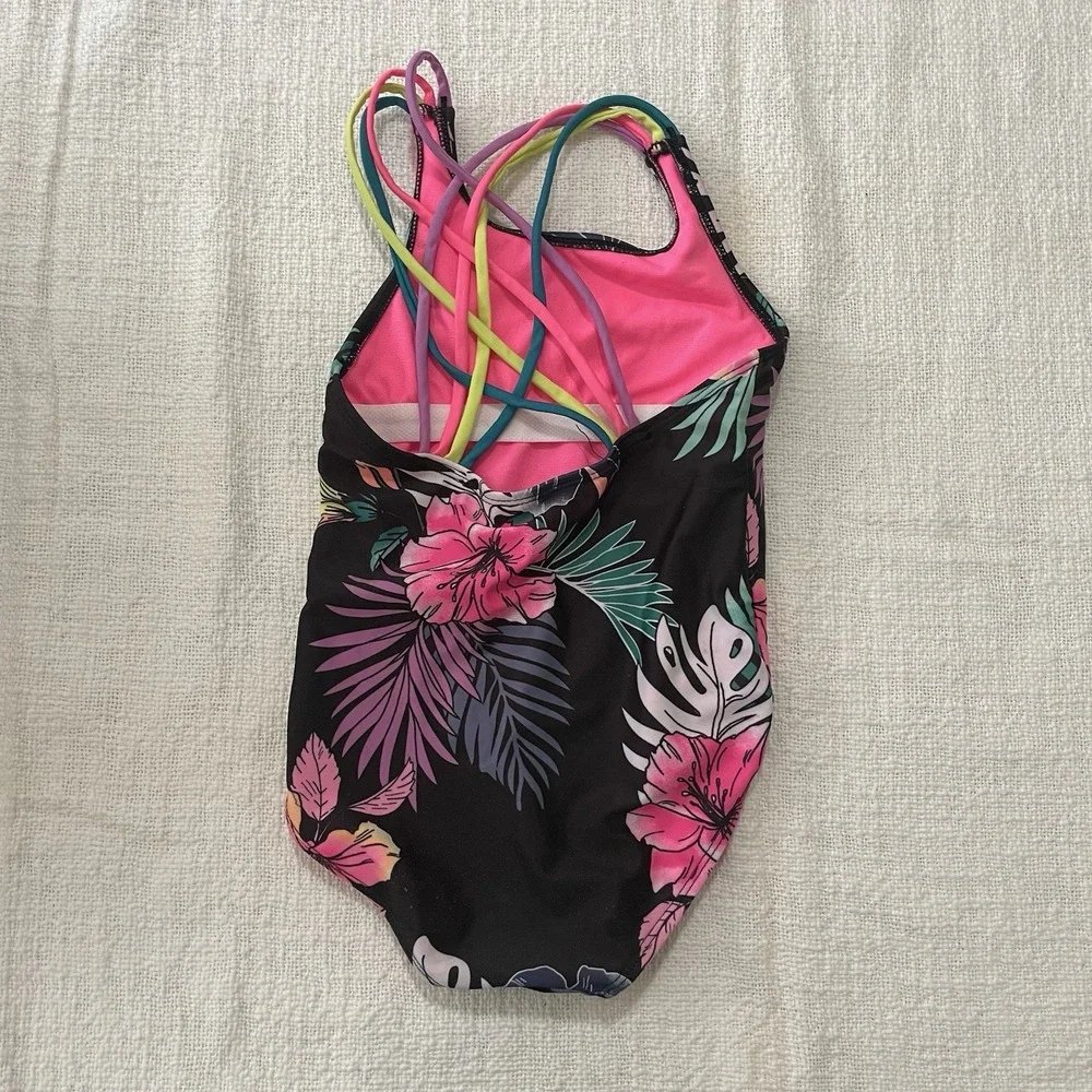 Justice Beach One-Piece Swimsuit Tropical Hawaiian Theme Girl's XS 5/6‎ EUC